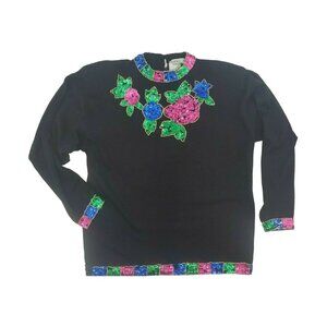 Vintage 80s 90s Sweater Black Medium Jewels Colorful Sequins Embellished Bling